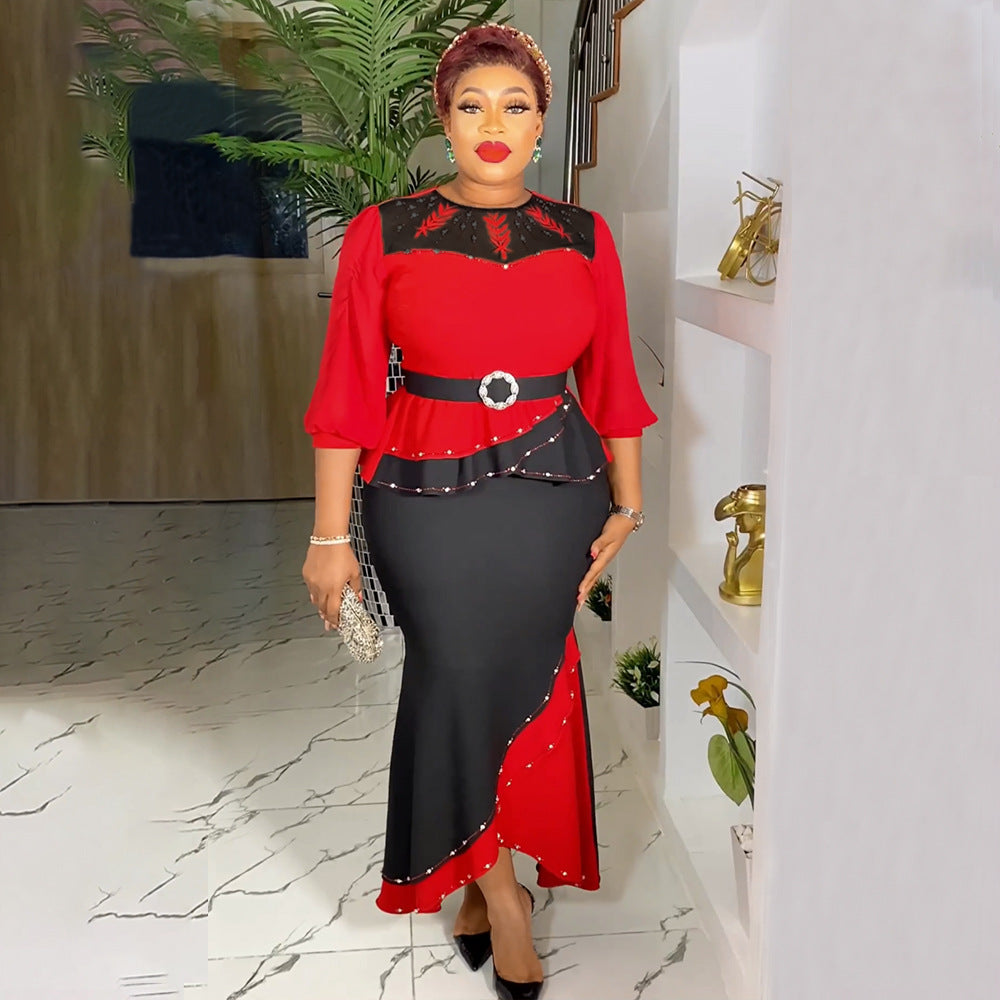 African plus size women's clothing hot sale temperament commuter contrast color two-piece hot rhinestone dress