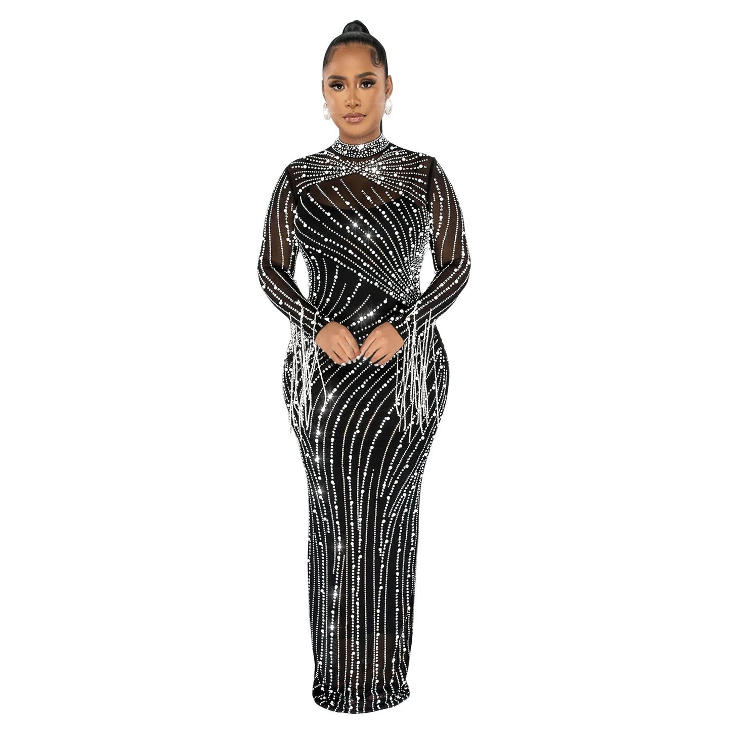 Women's Mesh See-through Rhinestone Long Sleeve Dress Lining Two-piece Set