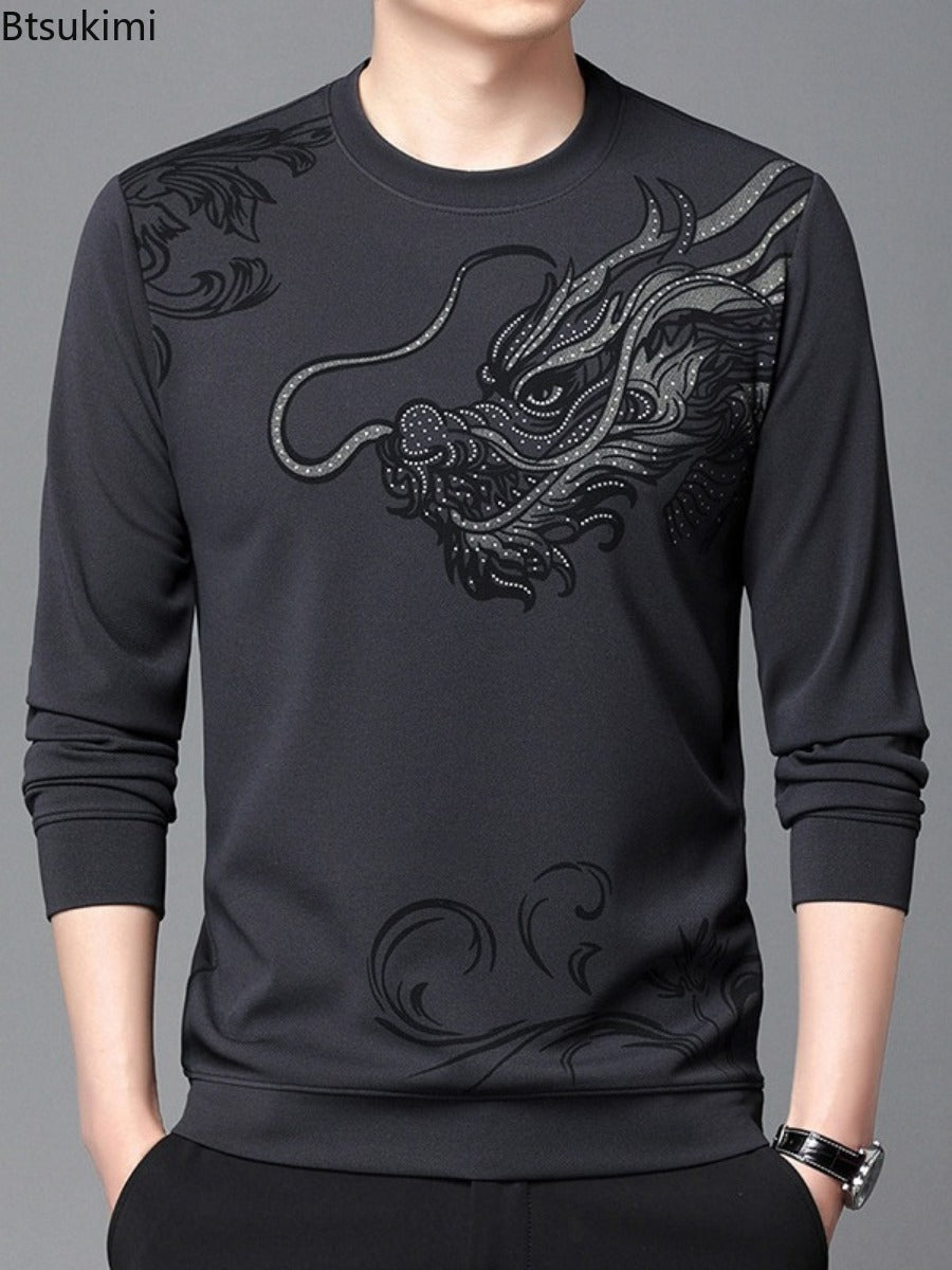 2024 Fashion Men's Round Neck Long Sleeved Hoodie Trend Chinese Dragon Print Casual Pullover Tops High Quality Sweatshirts Male