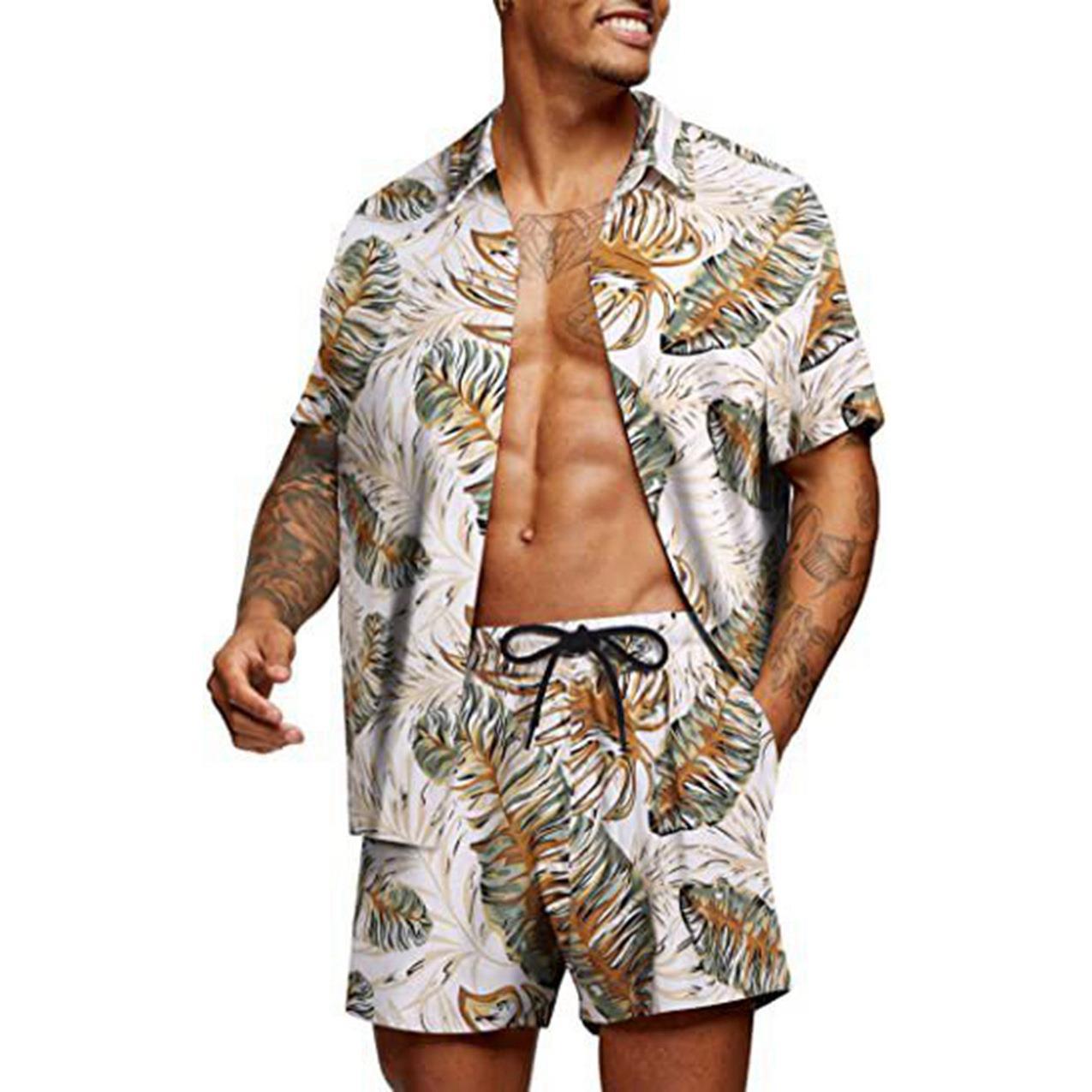 New Loose Fit Hawaiian Style Youth Floral Print Casual Shorts Shirt Set Two-Piece Suit For Men