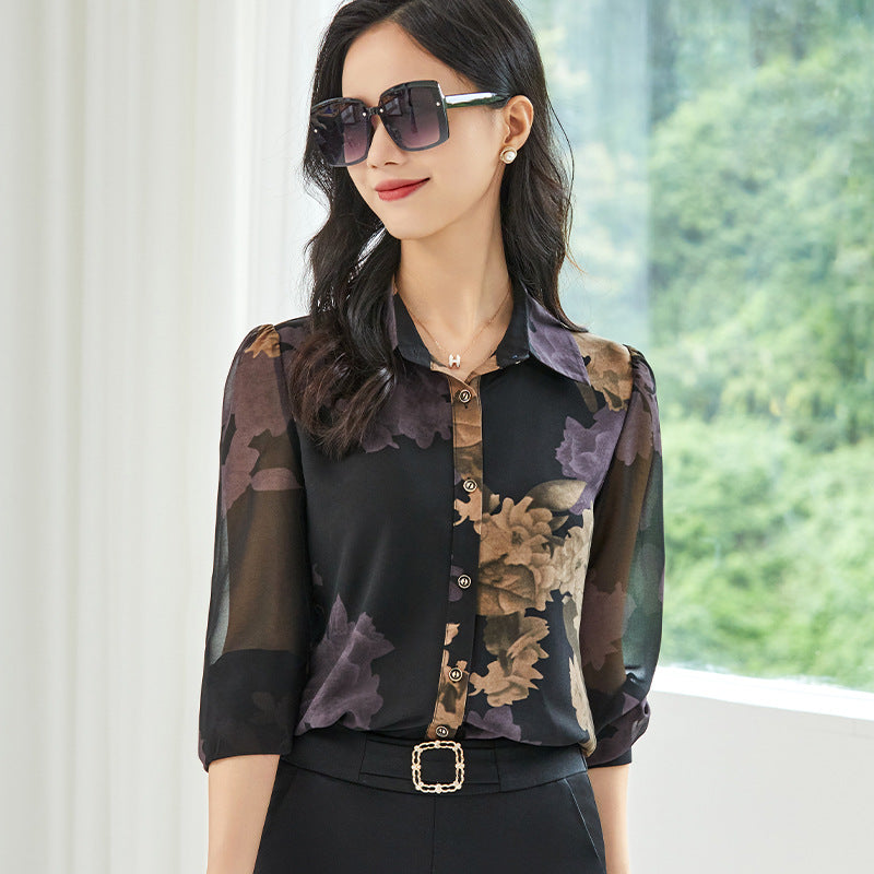 Hui 3265 chiffon shirt women's long sleeve 2024 autumn new fashion age-reducing versatile shirt Western style slimming printed top