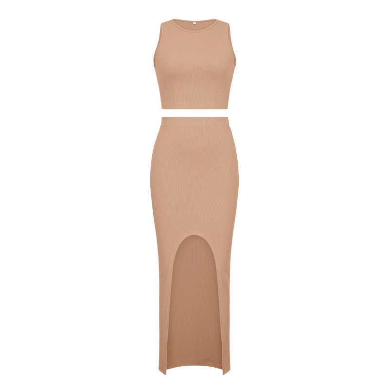Summer Two Piece Dresses Sets Women Skirt Suit Streetwear Sexy Slim Crop Tops Long Split Skirt Dress Tank Vest Camis With Skirt
