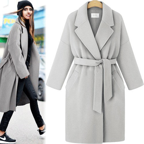 winter new style plus size women's pure color lace-up windbreaker loose coat long woolen coat women