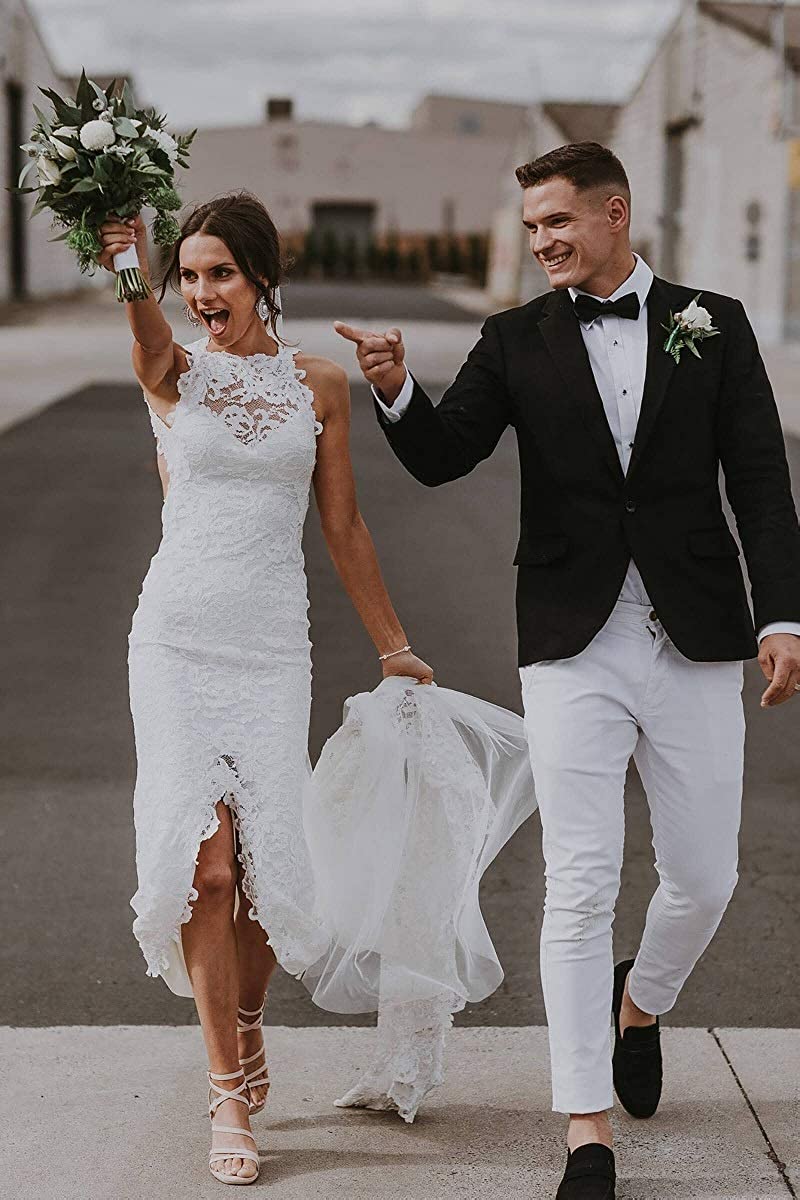Mermaid high neck bridal wedding dress, lace sleeveless prom dress, lower skirt slit, tail, women's dress