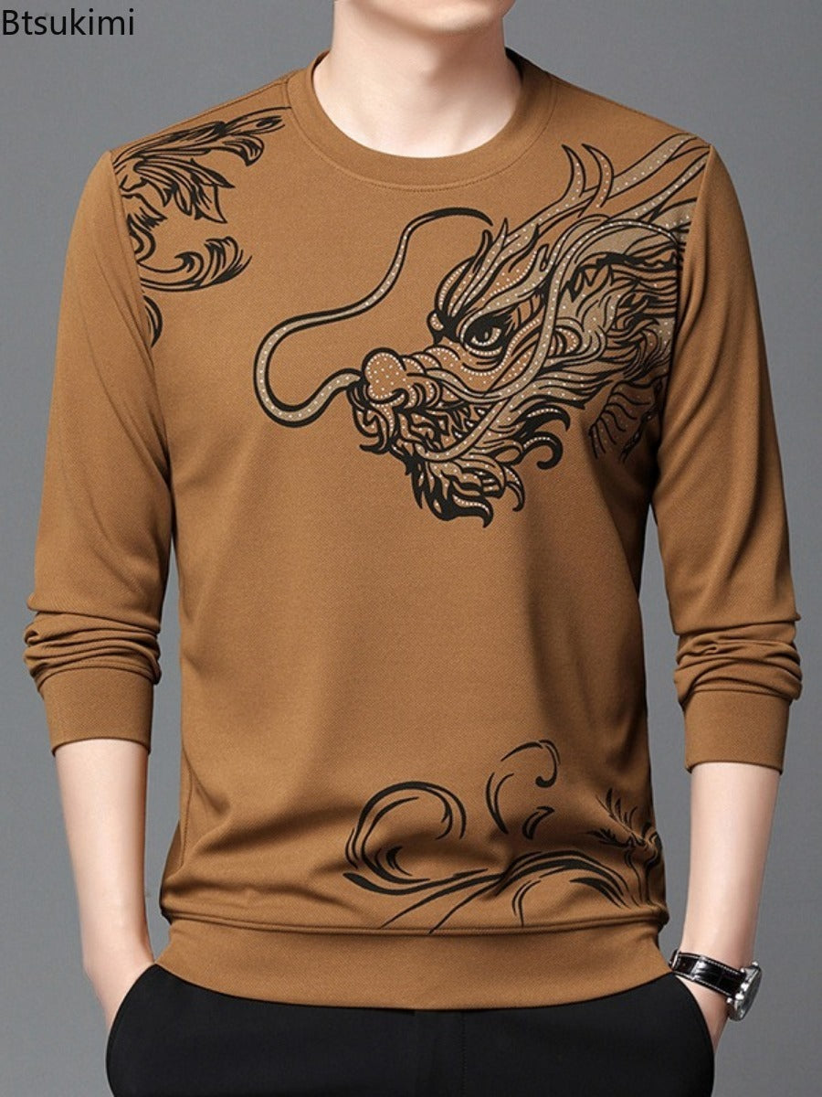 2024 Fashion Men's Round Neck Long Sleeved Hoodie Trend Chinese Dragon Print Casual Pullover Tops High Quality Sweatshirts Male