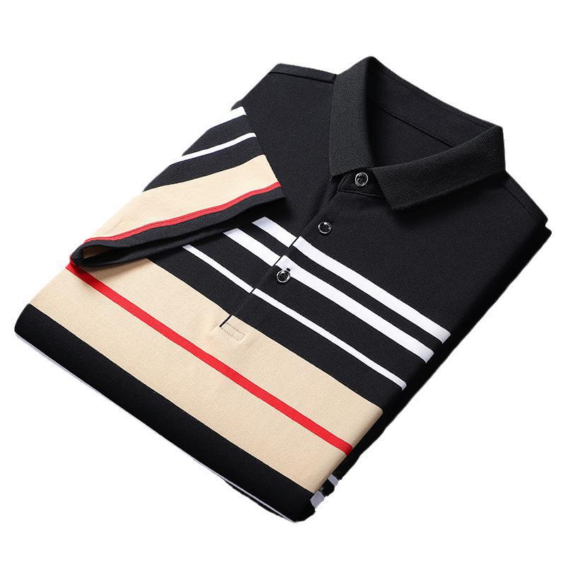 Pure Cotton Striped POLO Shirt Men's Light Business T-shirt Short-sleeved Men's POLO Stretch Patchwork Lapel Golf T-shirt