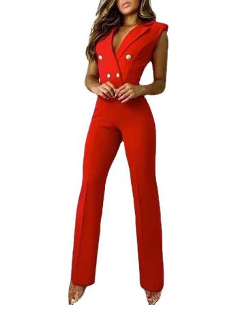 Women's color-blocked twist-button V-neck sleeveless houndstooth jumpsuit professional suit