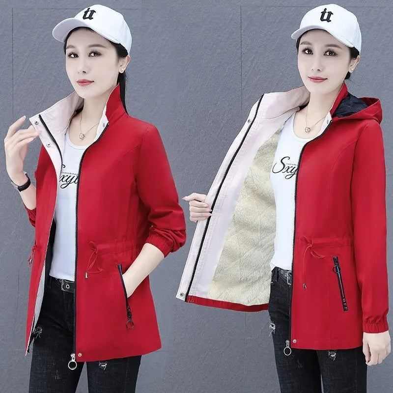 Spring Autumn Female Windbreaker New Solid Hooded Zipper Mid Length Velvet Winter Jacket Coat Women Outerwear Gabardina Mujer