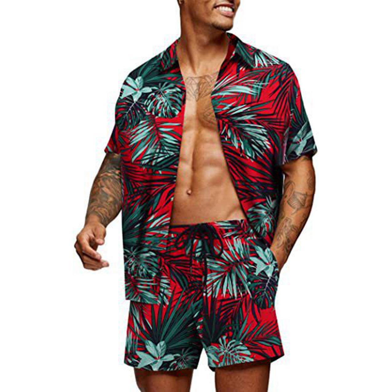 New Loose Fit Hawaiian Style Youth Floral Print Casual Shorts Shirt Set Two-Piece Suit For Men