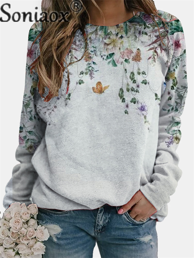 Women's Floral Elements Print Round Neck Pullover Sweatshirt 2023 Autumn Comfortable Casual Tops Ladies Long Sleeve Loose Hoodie