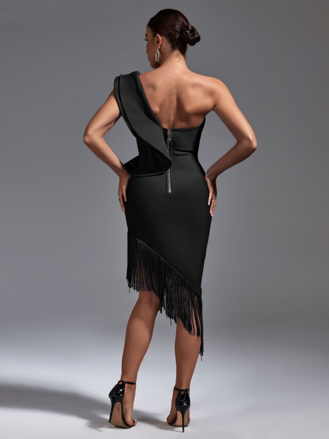 Black Bandage Dress Women Tassel Party Dress Bodycon Elegant Ruffle Sexy One Shoulder Birthday Club Evening Outfits Summer