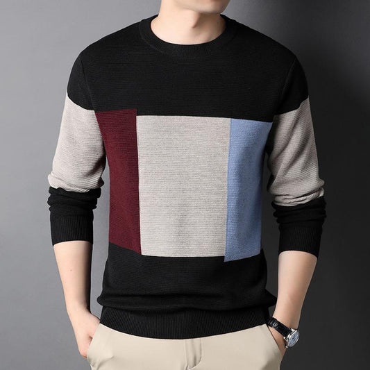 Colorblock Slim Top Fall Winter Men's Shirt Collar Knitwear