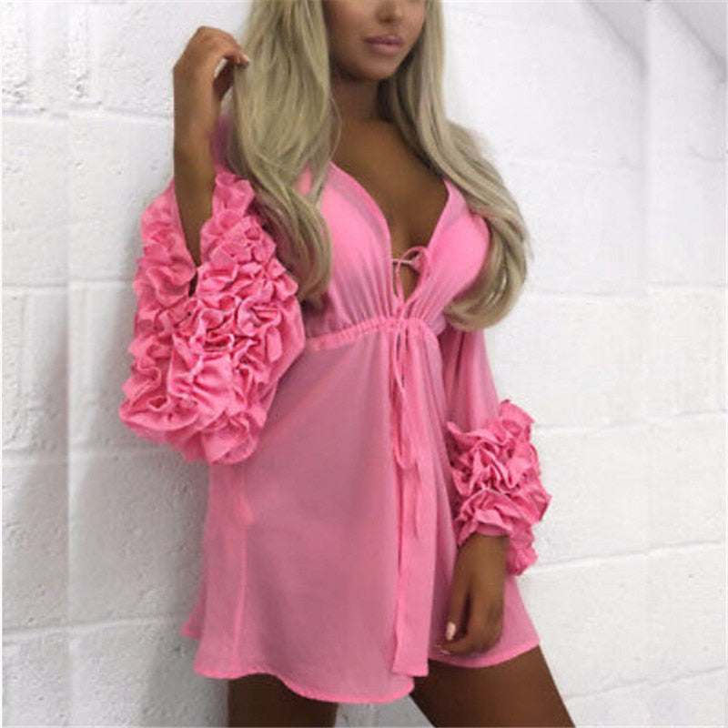Women Sexy Beach Cover-up Long Puff Sleeve Covers up Bathing Suit Summer Beach Wear Pareo Swimwear Mesh Beach Dress