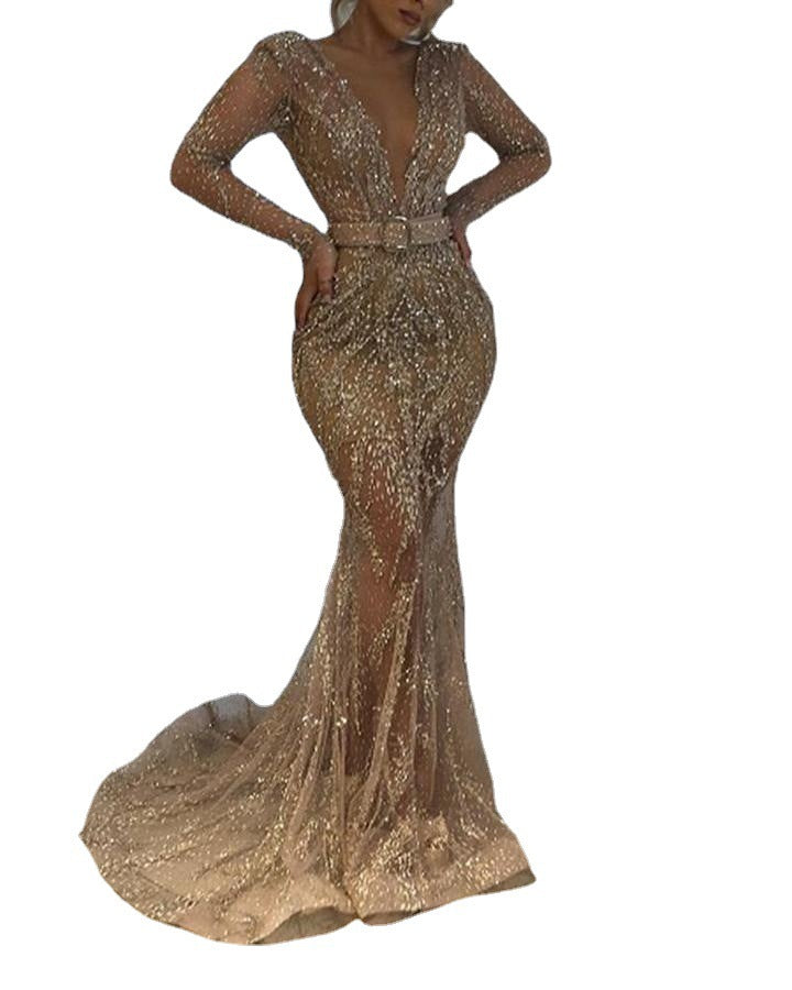 2020 new cross-border foreign trade women's clothing independent station ebay sexy sequined long sleeve banquet dress large swing dress New