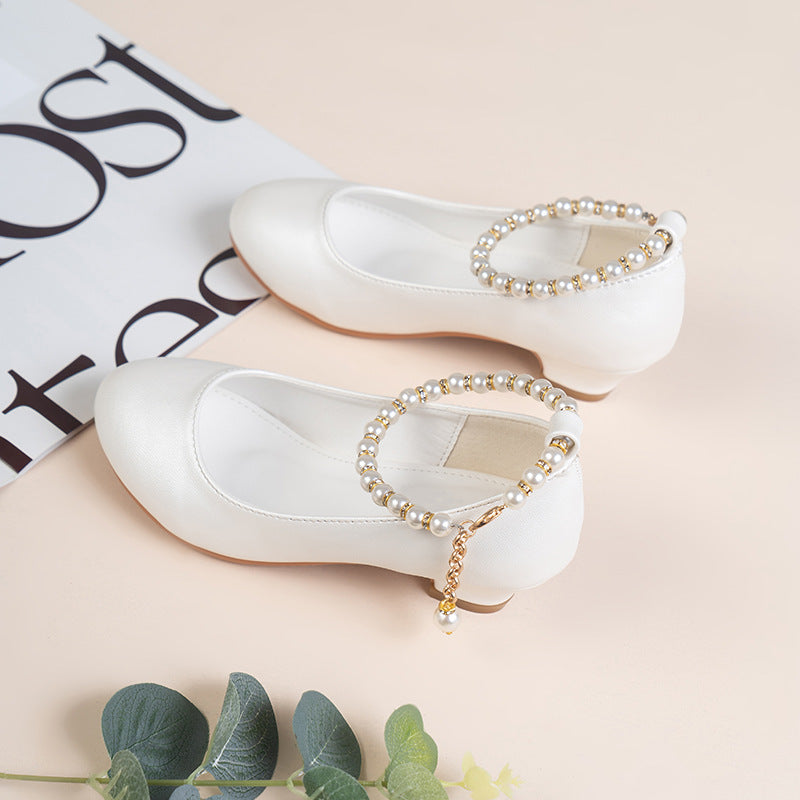 Girls High-heeled Leather Shoes Spring Children Middle-aged White Wedding Host Show Princess Dress Shoes