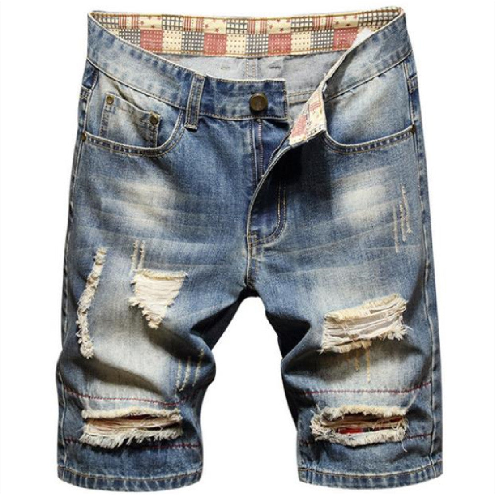 Summer new jean shorts fashion men small straight leg knee-length jean shorts casual do old holes