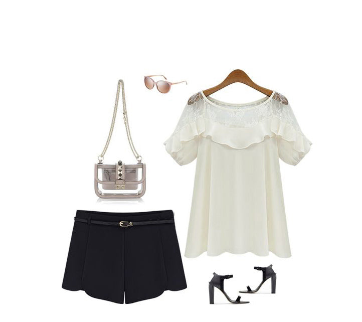 USA SIZE Women's large size chiffon shirt loose hollow sexy short-sleeved shirt shirt