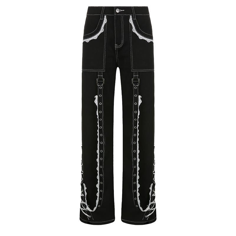 Women's Wide Leg Stitching Lace Lace Wash Denim Trousers