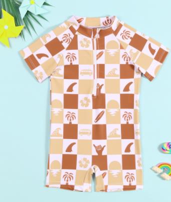 Toddler Baby Boy Swimsuit Rash Guard Beachwear Cute Tree Print Short Sleeve Zipper Romper Bathing Suit Swimwear for Boys