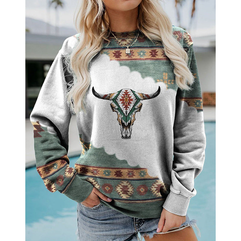 Autumn Winter Vintage Western Style Sweatshirt Women New Year 2022 Round Neck Long Sleeve Top Loose Casual Punk Pullover Hoodies