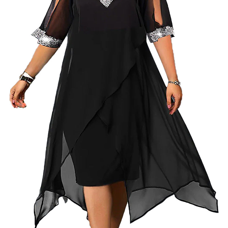 Women's Large Size Dress Summer New Dress Solid Color Ribbon V-neck Irregular Temperament Chiffon Waist Waist Swing Skirt Dress