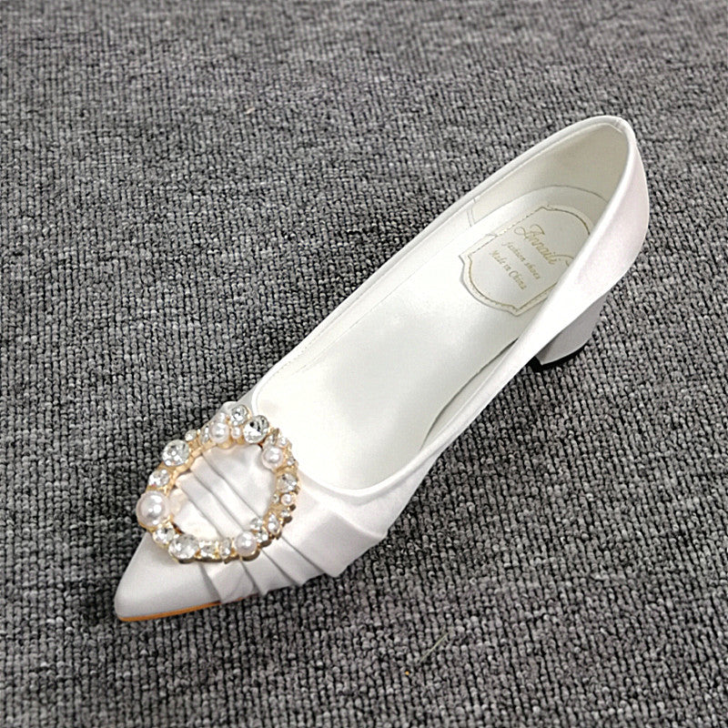2023 New White High Heels Women's Pearl Rhinestone Large Size Wedding Shoes Dress Bridesmaid Shoes Bride Satin Wedding Shoes