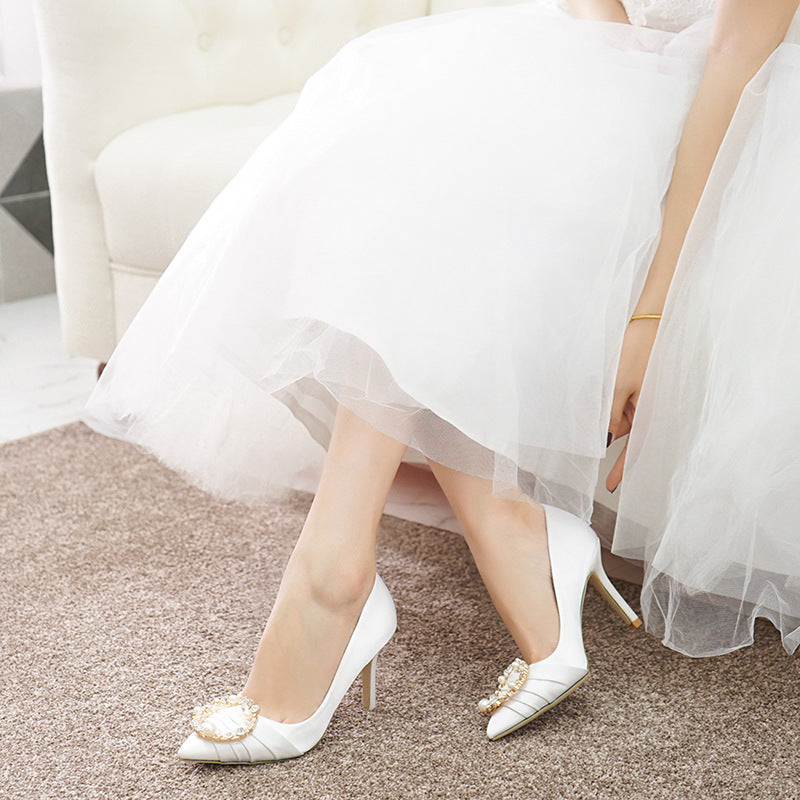 2023 New White High Heels Women's Pearl Rhinestone Large Size Wedding Shoes Dress Bridesmaid Shoes Bride Satin Wedding Shoes