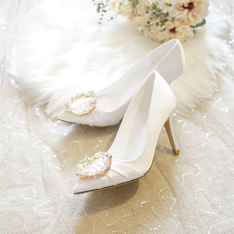 2023 New White High Heels Women's Pearl Rhinestone Large Size Wedding Shoes Dress Bridesmaid Shoes Bride Satin Wedding Shoes