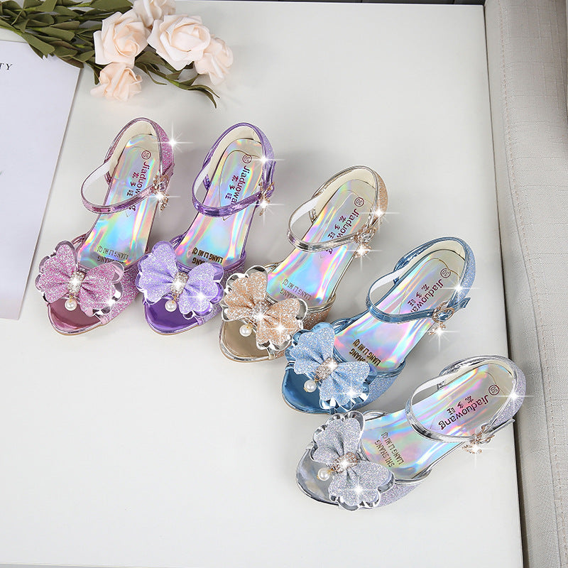 Children Fashion Sequins Princess Sandals Kids Girls Wedding Bowtie High Heels Dress Shoes Girls Birthday Party Dancing Shoes