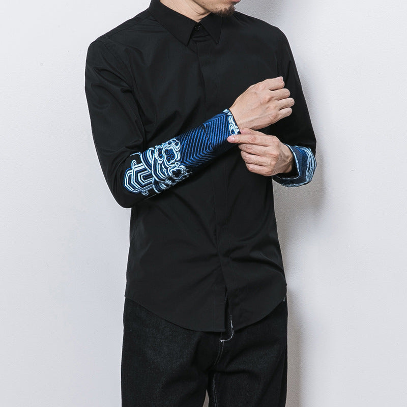 Spring and summer Chinese style embroidered thorn men's plus-size fat casual Tang style retro long-sleeved shirt undershirt youth, Chinese style embroidered thorn shirt, Tang style shirt, undershirt, shirt