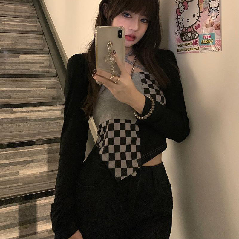 Checkered neck hanging small suspender vest for women in large size, fat and spicy girl trend, irregular short sweet and spicy top