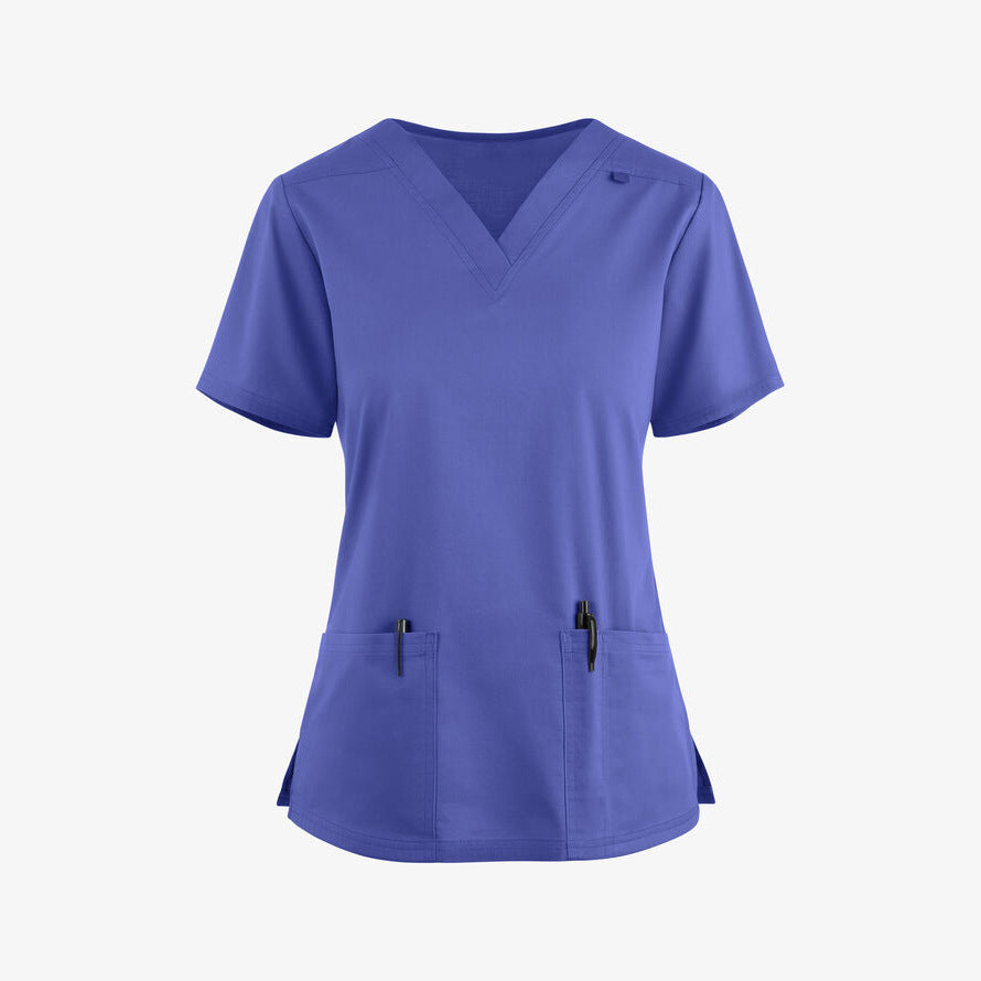 2023 European and American new style solid color pocket V-neck nursing work uniform nurse clothes two-piece suit women's short sleeve