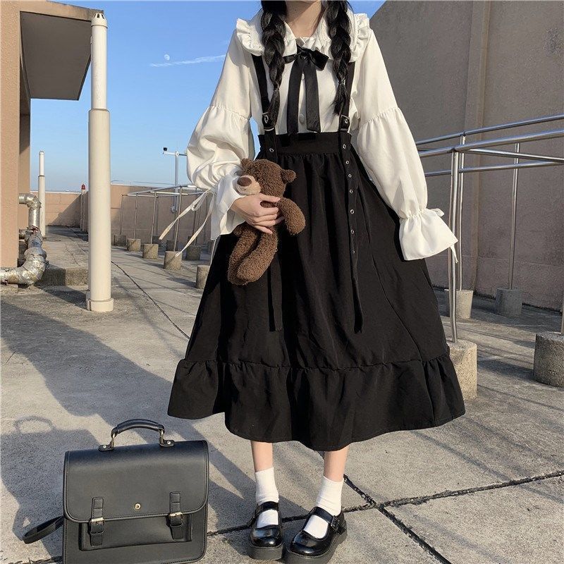 Korean Style Loose French Style College Style Slip Skirt Women's Mid-length Student Strap Dress + Long Sleeve Shirt Set
