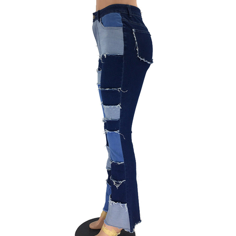 Autumn fashion contrast color patchwork high waist tight hip flared women's denim trousers