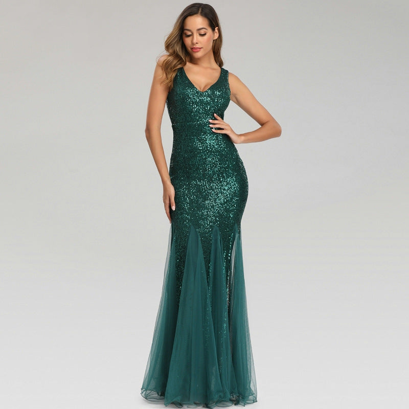 2024 Sequin Stitching Mesh Mermaid Plus Size Evening Gown Double V Neck Sleeveless Hot Selling Bridesmaid Elastic Gown