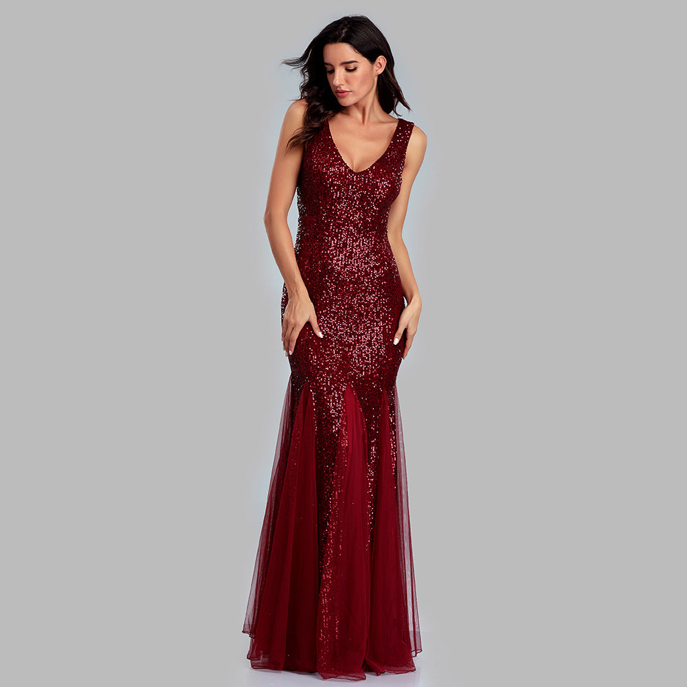 2024 Sequin Stitching Mesh Mermaid Plus Size Evening Gown Double V Neck Sleeveless Hot Selling Bridesmaid Elastic Gown