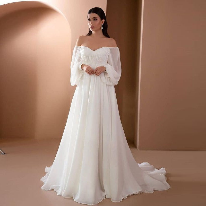 Off Shoulder Gown Wedding Dresses, Elegant Solid Ruched Mopping High Waist Dress for Wedding Party, Women's Clothing