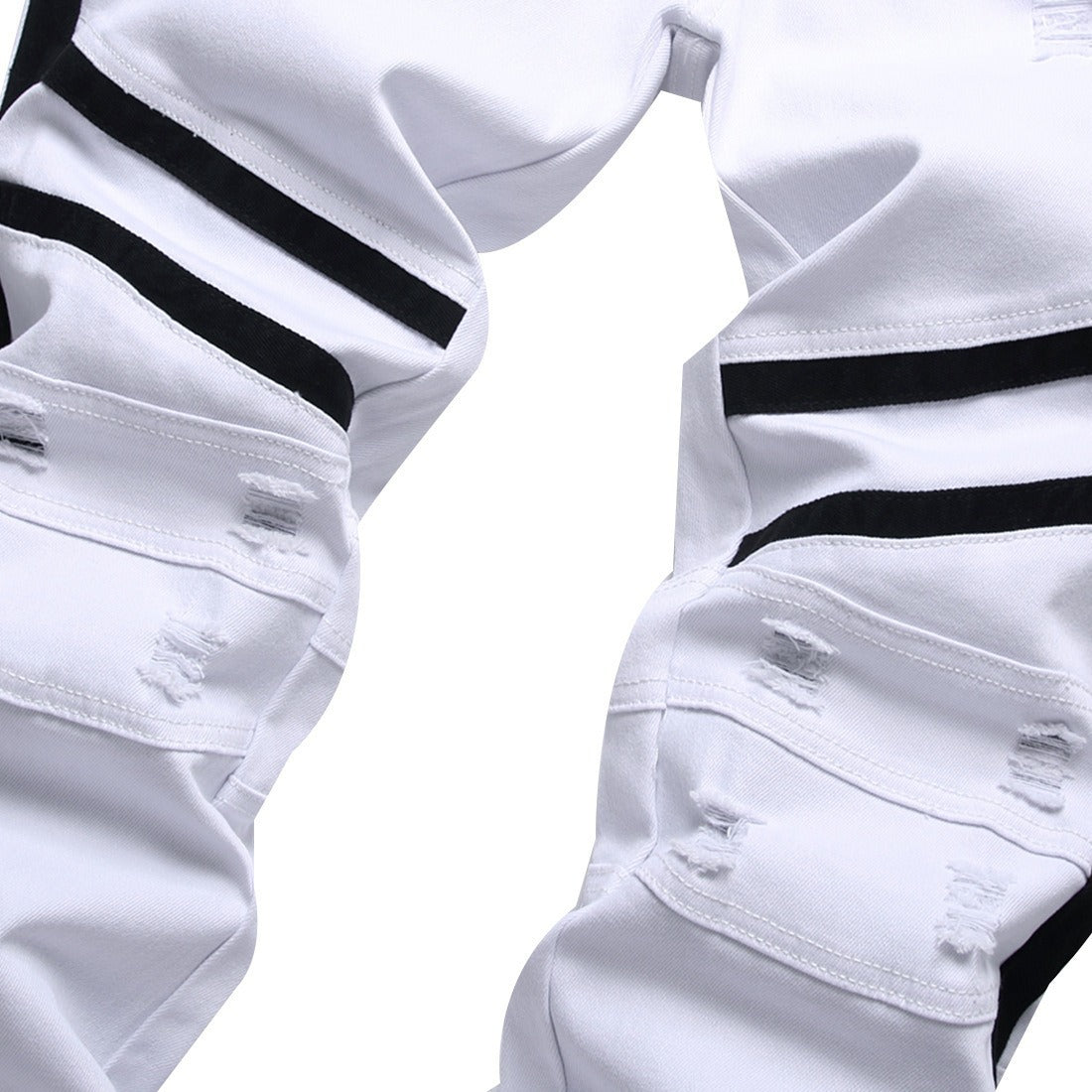 Zippered Stretch Torn Jeans With Black Hem