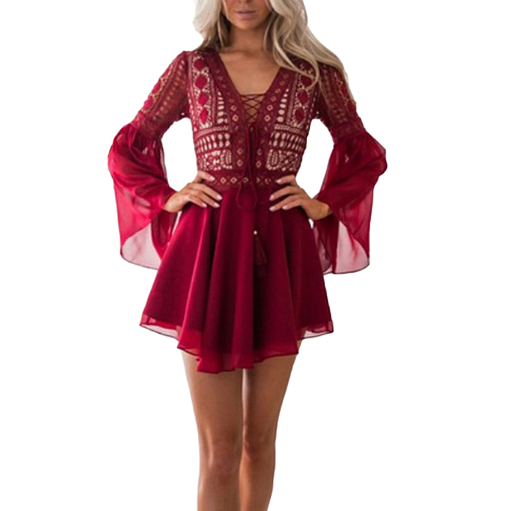 Sexy V Neck Women's Spring Summer Dress Long Flared Sleeve Mini Dress Crochet Hollow out Sexy Chiffon Bandage Mini Dress 2020