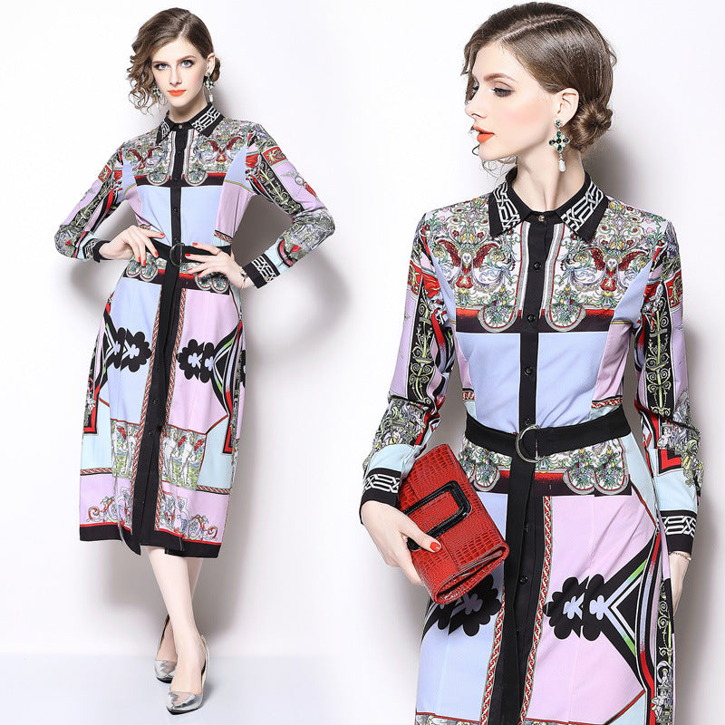 Spot real shot 5769-European station 2020 star catwalk new women's classical print shirt dress