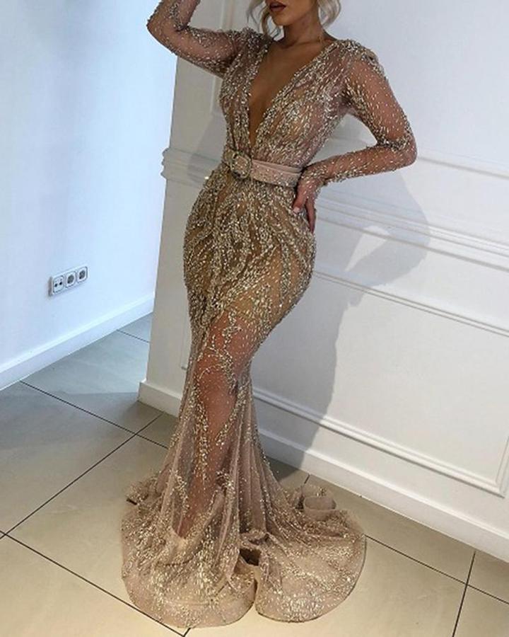 2020 new cross-border foreign trade women's clothing independent station ebay sexy sequined long sleeve banquet dress large swing dress New