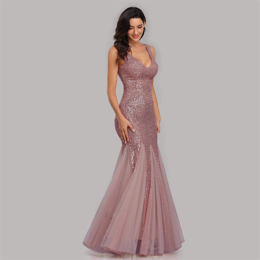 2024 Sequin Stitching Mesh Mermaid Plus Size Evening Gown Double V Neck Sleeveless Hot Selling Bridesmaid Elastic Gown