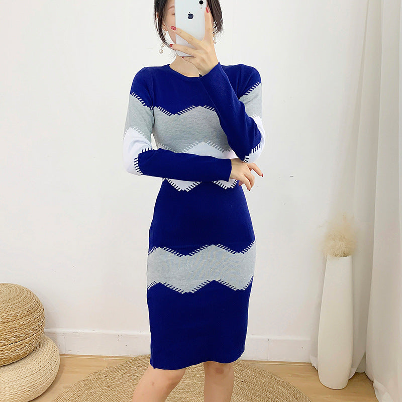 Knitted sweater dress women's new fall / winter 2020 color block waist medium length bottomed sweater skirt