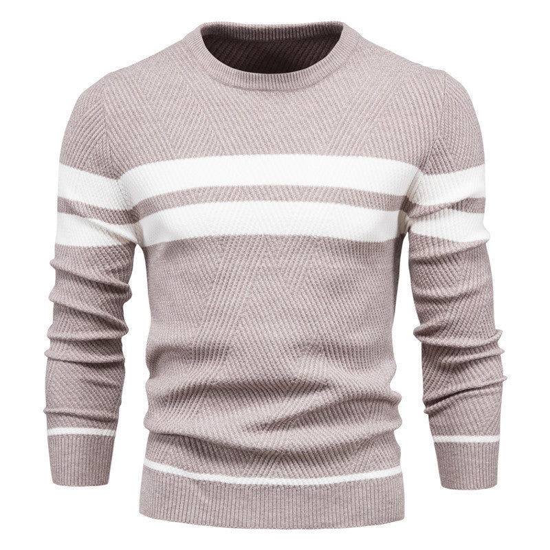 In stock autumn and winter men's casual striped men's sweater pullover color matching round neck men's European size sweater