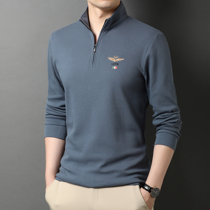 Autumn Men's Half-High Collar Long-Sleeved T-Shirt Business Casual Base Shirt Thin Clothes Men's Embroidered Loose Polo Shirt