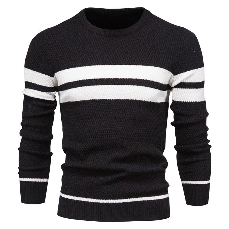 In stock autumn and winter men's casual striped men's sweater pullover color matching round neck men's European size sweater