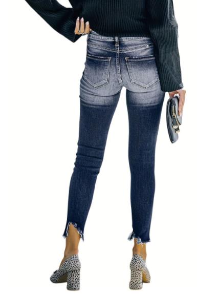 Women's Stone Wash Distressed Blue Jeans - Mid-Rise Knee Cut Raw Hem Skinny Jean Pants