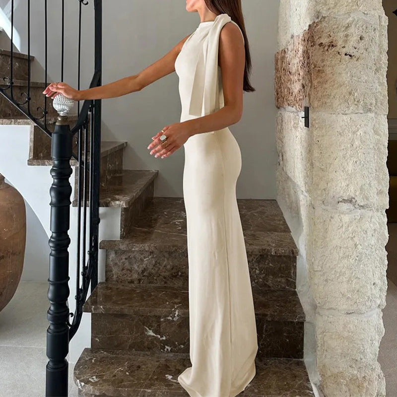 New Summer Women Sleeveless Slim Long Dress Fashion Spaghetti Strap Banquet Dress Elegant O-neck Lace Up High Waist Party Dress