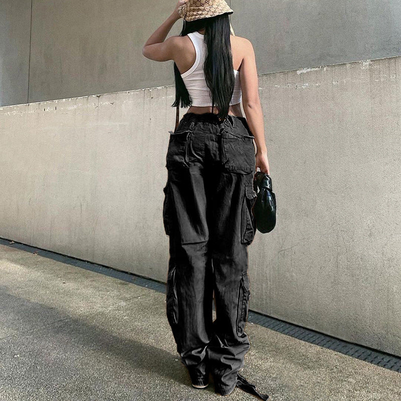 Black Flap Pockets Cargo Pants Loose Fit Wide Legs Baggy Straight Jeans Y2K Kpop Vintage Style Women's Denim Jeans & Clothing