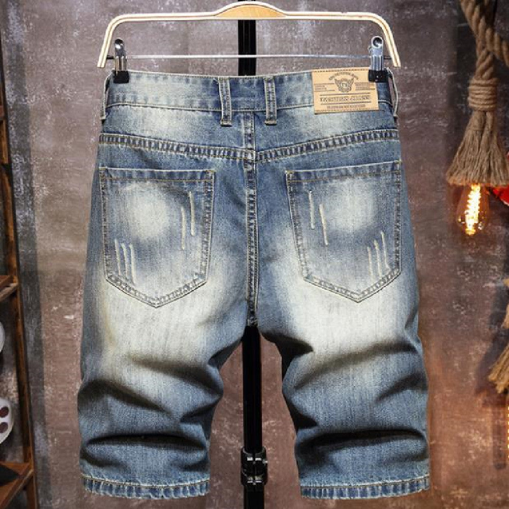 Summer new jean shorts fashion men small straight leg knee-length jean shorts casual do old holes